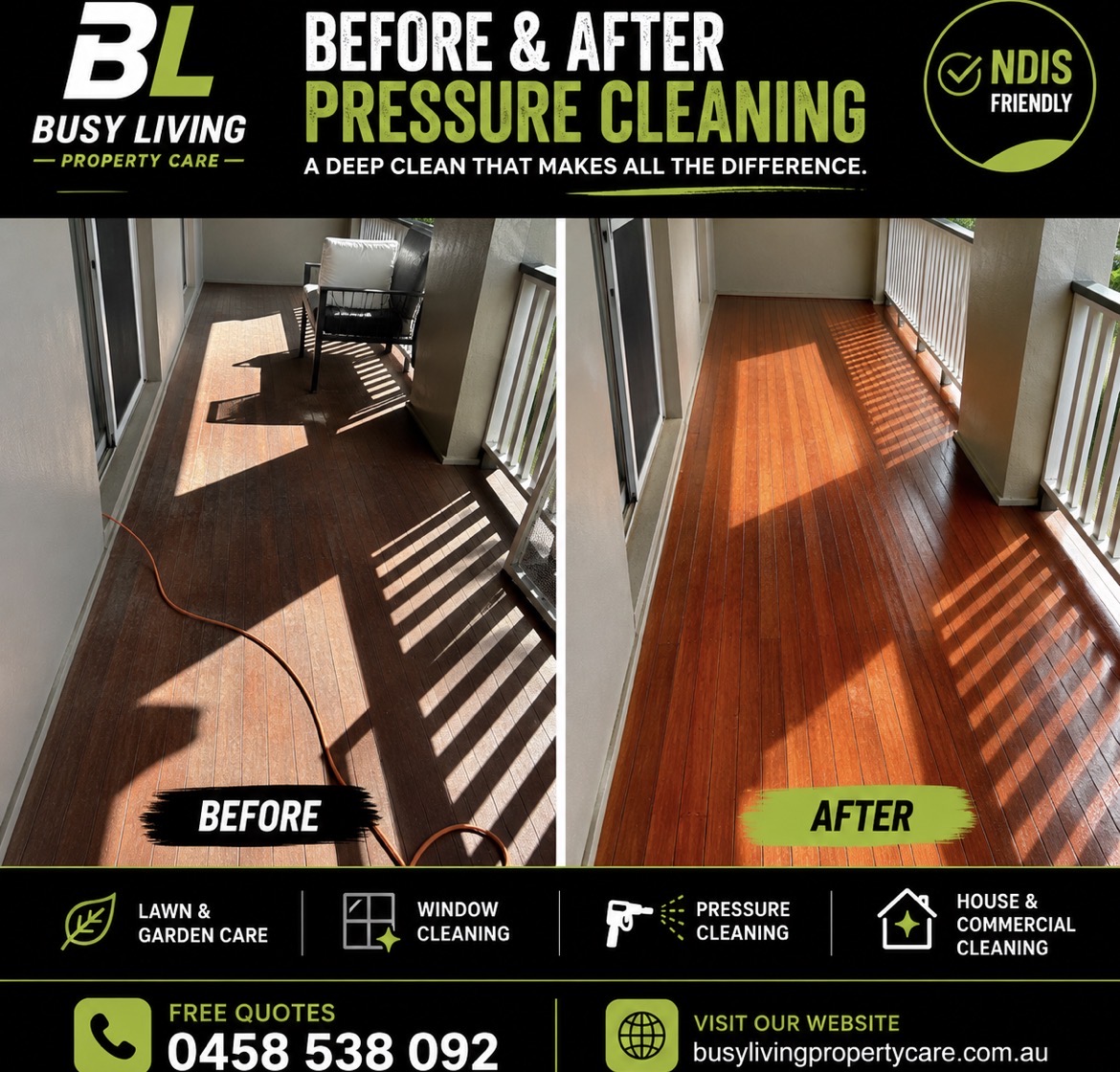 Before and after pressure cleaning a timber balcony deck