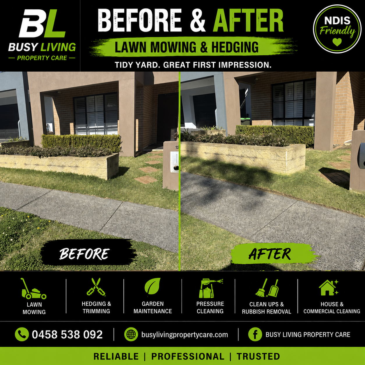 Before and after mowing and hedging the front garden of a townhouse