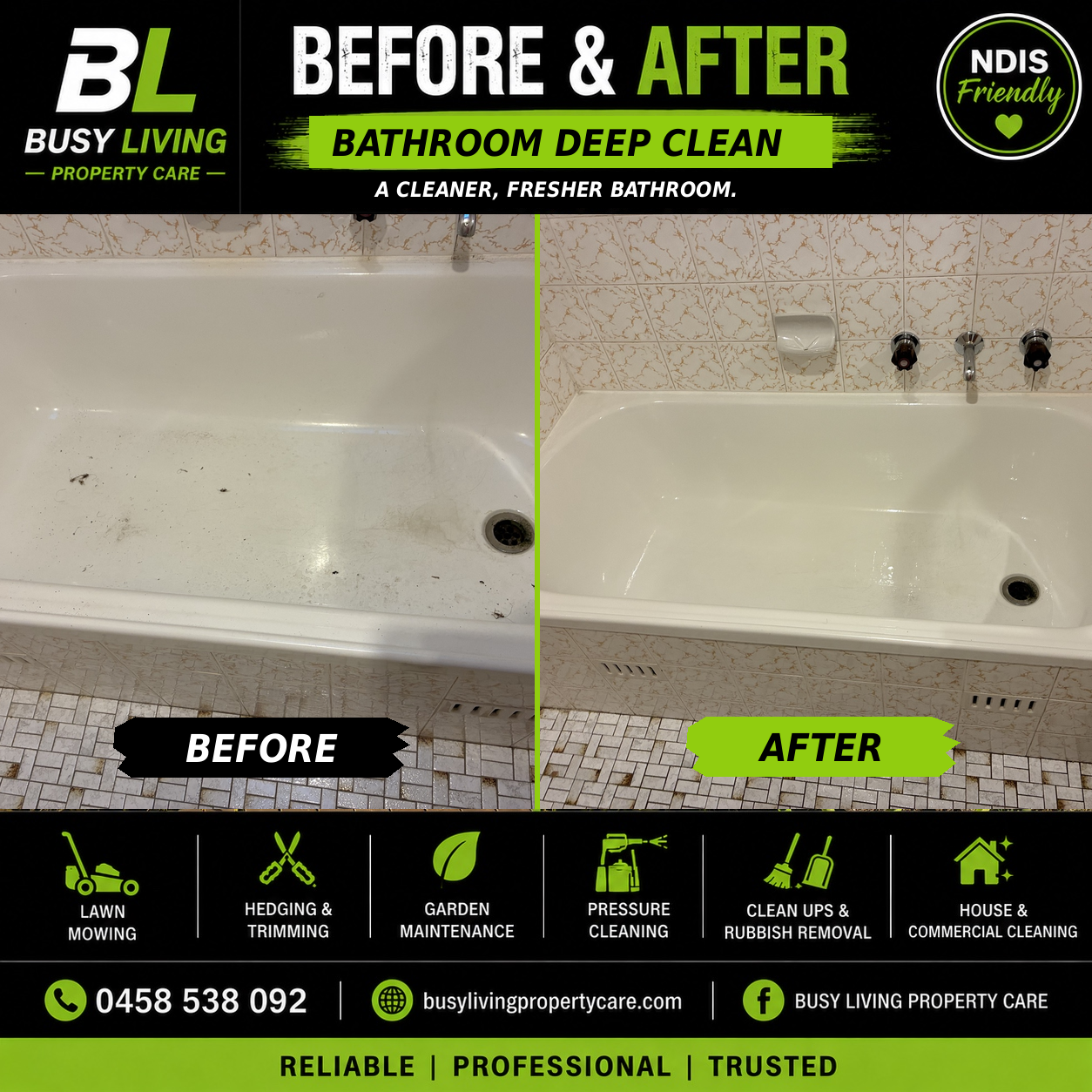 Before and after deep cleaning a bathtub and bathroom tiles