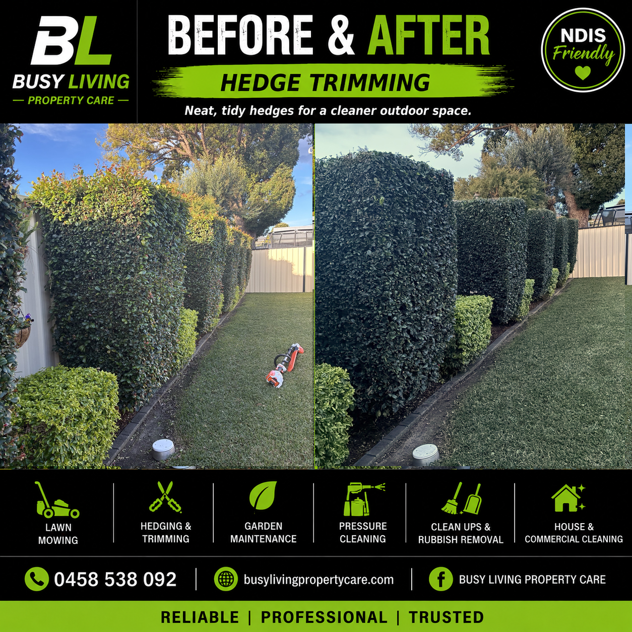 Before and after trimming a long row of hedges beside a lawn
