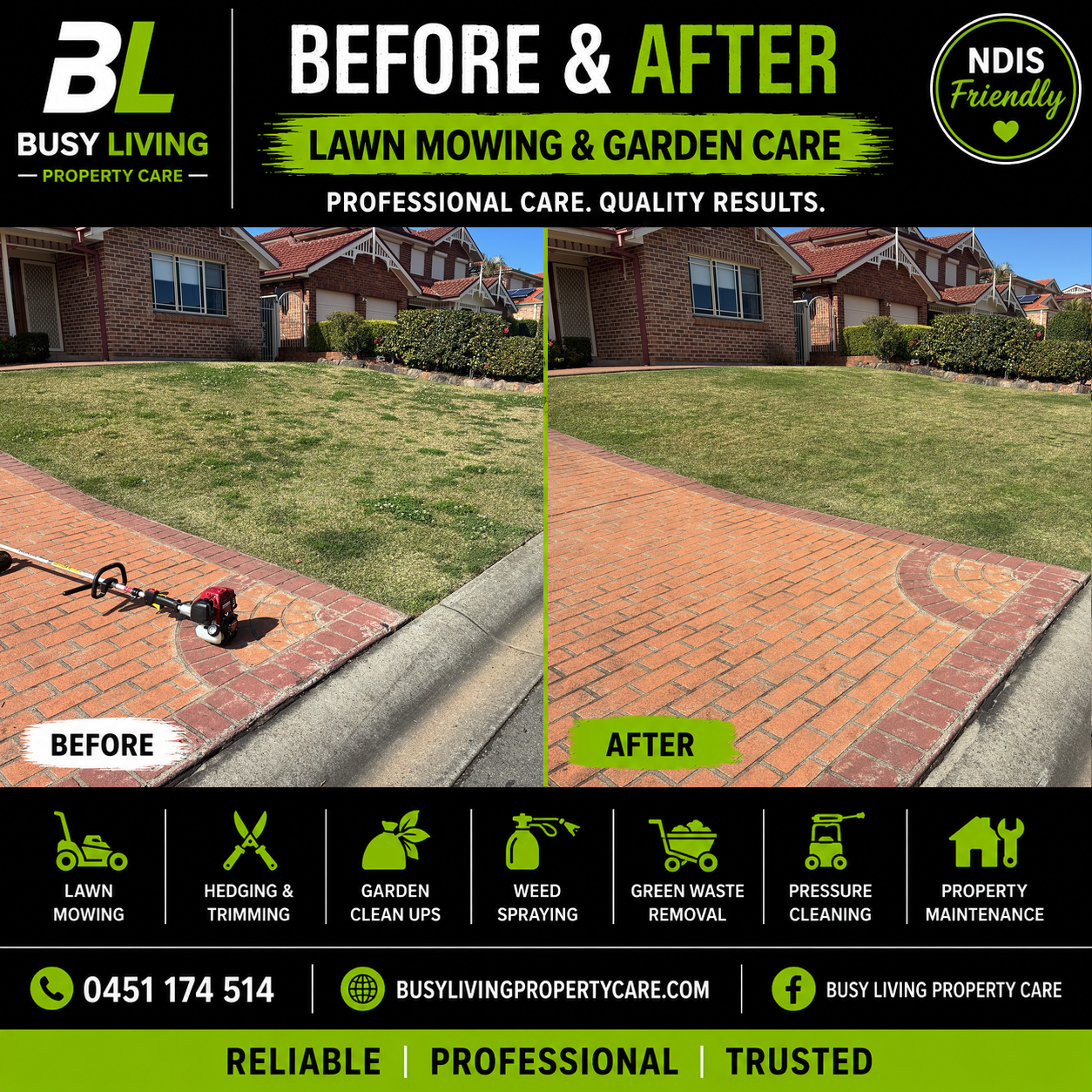 Before and after mowing and edging a front lawn and brick driveway